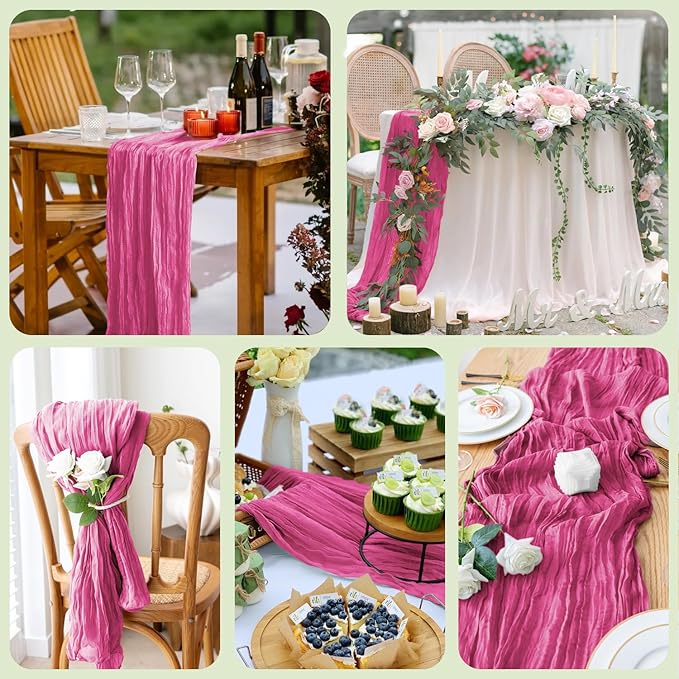 Wokceer Cheesecloth Table Runner 12Pack 10FT Deep Pink Boho Gauze Cheese Cloth Table Runner for Party Long Rustic Sheer Table Runners for Baby Bridal Shower Wedding Easter Table Decor