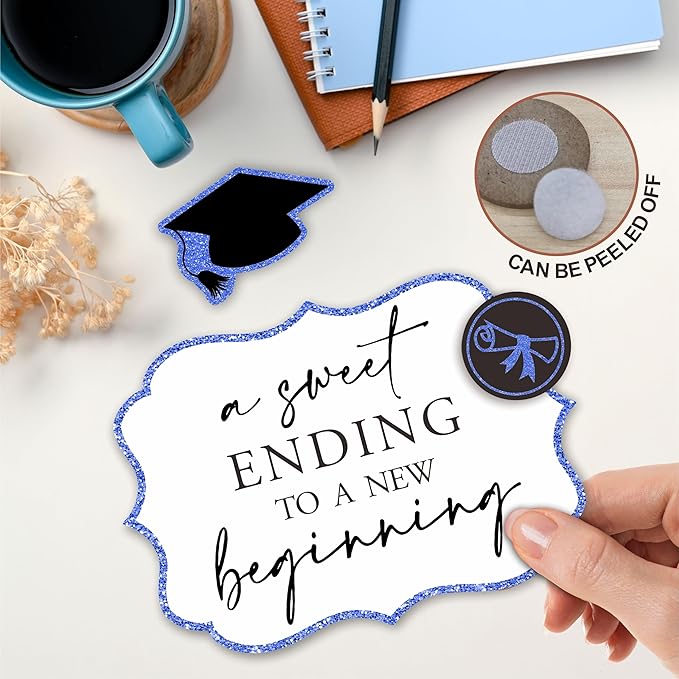 5"X7" Blue Grad Party Wooden Table Sign - A Sweet Ending To A New Beginning - Buffet Sign, Treat Sign With Metal Support & 2 DIY Wood Decor With Velcro, Grad Party Decorations & Supplies - B08