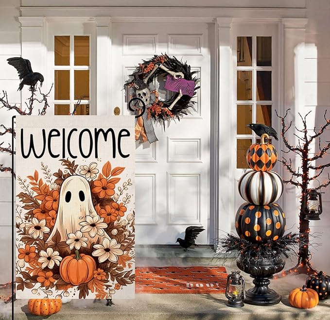 BLKWHT Halloween Ghost Garden Flag 12x18 Vertical Double Sided Spooky Pumpkin Fall Holiday Outside Decorations Burlap Yard Flag BW707