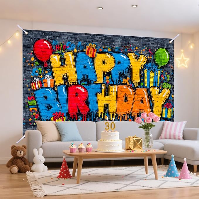 Nuxovilar Happy Birthday Yard Banner - 71x43 inches, Graffiti-Inspired Design Decorations Large Happy Birthday Banner Supplies Colorful Fence Outdoor & Indoor Giant Sign Backdrop