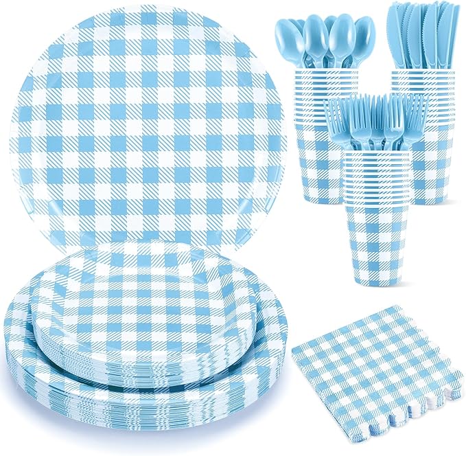 175 Pcs Gingham Paper Plates, Boy Baby Shower Decorations Include Blue Gingham Plates and Napkins Cups Disposable Blue Dinnerware for Picnic, Wedding, Birthday
