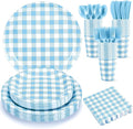 175 Pcs Gingham Paper Plates, Boy Baby Shower Decorations Include Blue Gingham Plates and Napkins Cups Disposable Blue Dinnerware for Picnic, Wedding, Birthday
