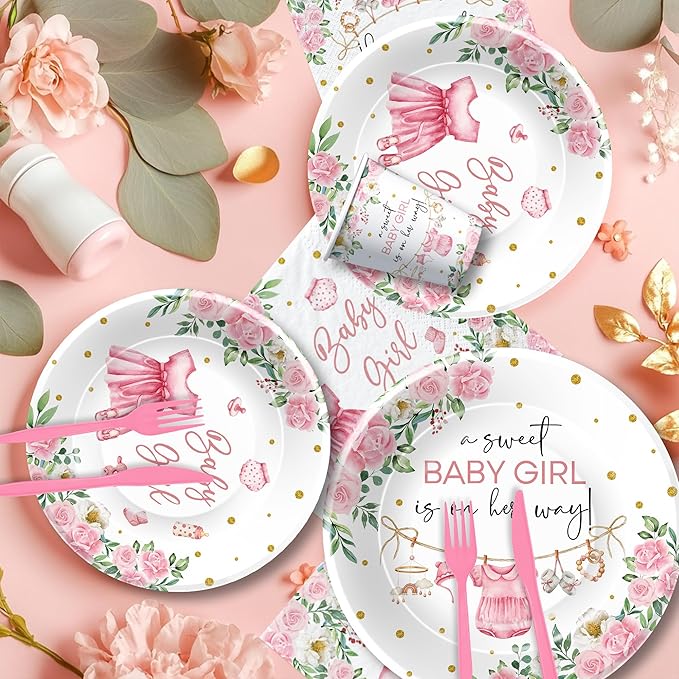 Pink Baby Girl Baby Shower Decorations, Floral Sweet Baby Girl Party Supplies, Plate, Napkin, Cup, Tablecloth, Banner, Swirls, Cutlery, Girl Gender Reveal Table Decorations, Serves 24
