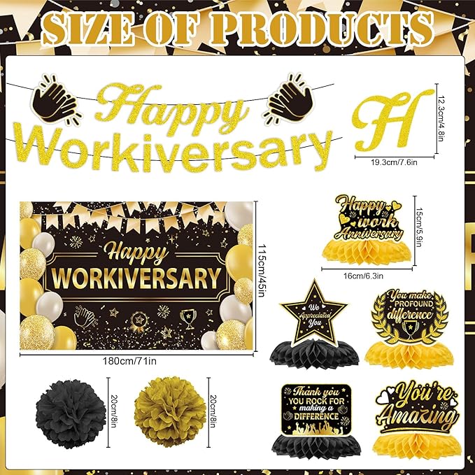 Happy Work Anniversary Decorations - 23PCS Glitter Happy Workiversary Banners Hanging Swirls Honeycomb Centerpieces Pompoms Backdrop, Office Appreciation Supplies Decor for Employee Worker