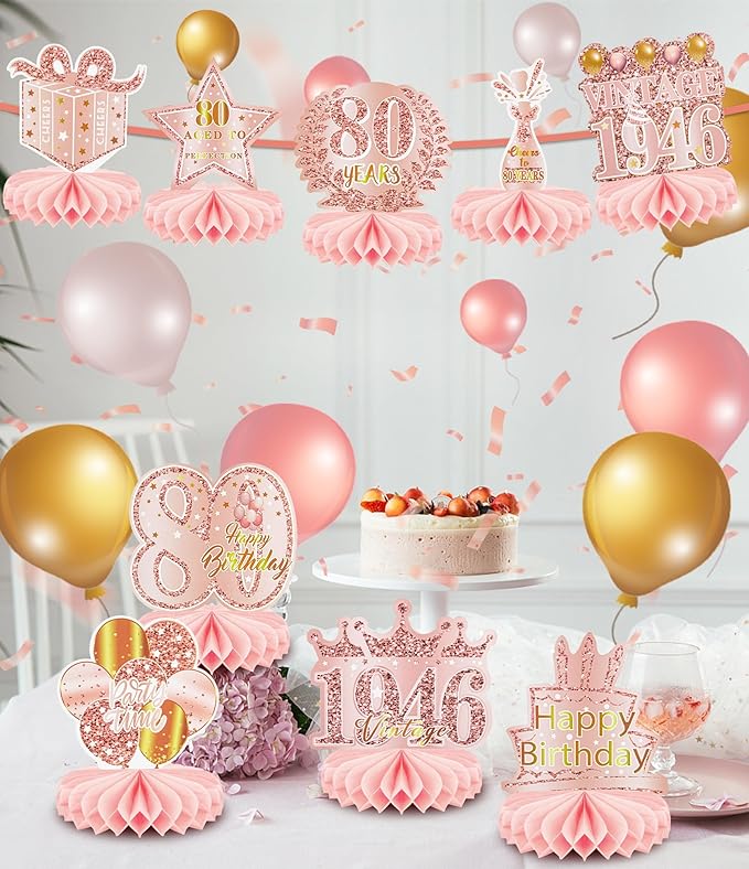 9 Pcs 80th Birthday Decoration for Women Happy 80th Birthday Table Honeycomb Decorations Rose Gold Pink Centerpieces Tables Toppers1946 Decor Cheers to 80 Years Old Birthday Party Favors