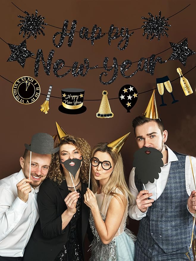 Happy New Year Banner Black New Years Decorations 2026 Glitter Pre-Strung New Year Eve Sign for NYE Party Supplies