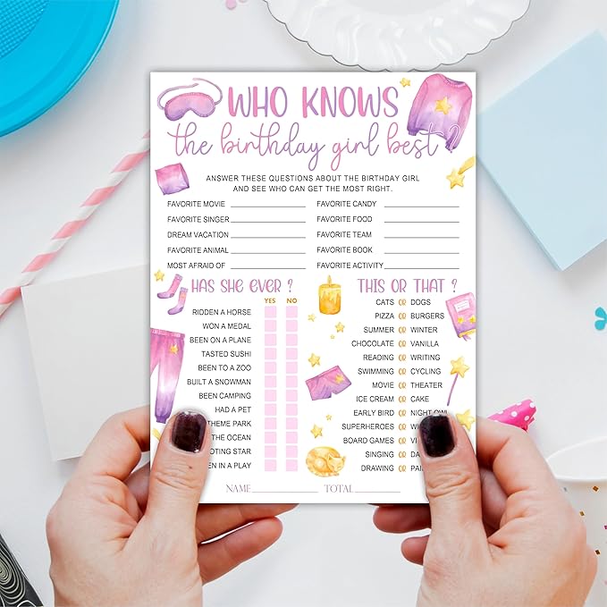6"X8" Who Knows The Birthday Best - Watercolor Girl's Slumber Party - Funny Double-Sided 3-in-1 Game Card Set for Birthday Party, Sleepover Party Activities Supplies (20 Pcs)- A06