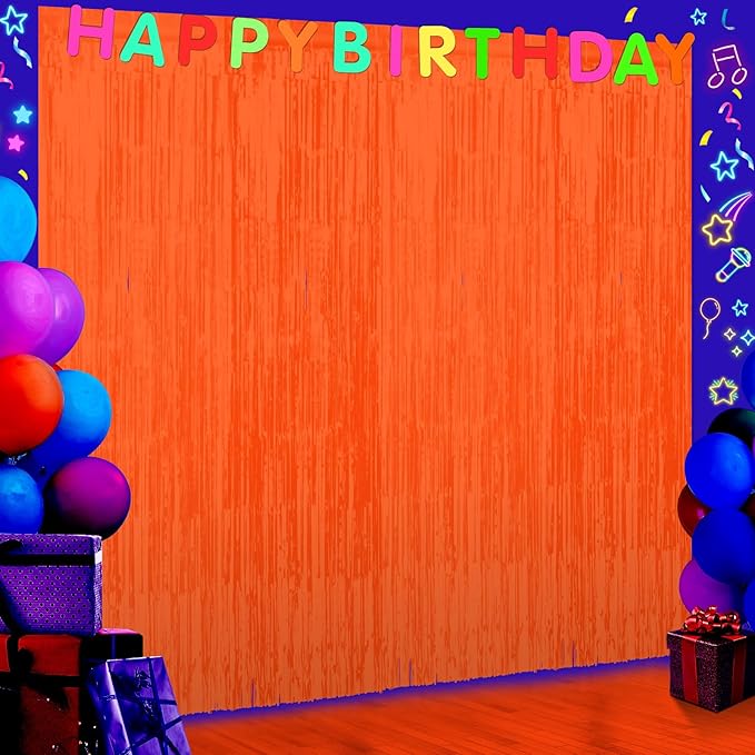 6 Pack 3.3Ft x 6.6Ft Orange Glow in The Dark Foil Fringe Curtain Backdrop Party Supplies, Fluorescent Macaron Metallic Tinsel Foil Streamers Curtain Photo Booth for Neon Birthday Party Decorations