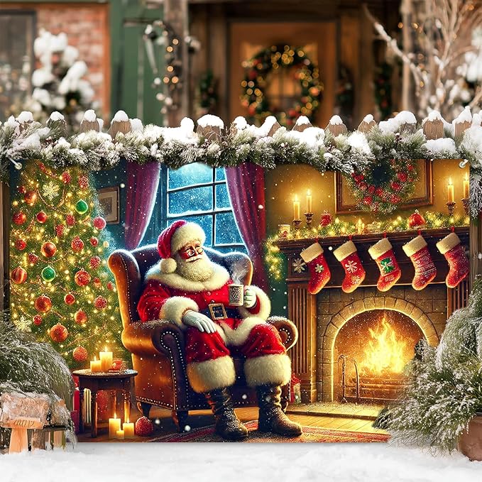 Christmas Banner Santa Claus Fireplace Tree Holiday Wall Decoration Warm Cozy Living Room Scene Background Indoor Outdoor Party Decor for Home 71 X 43 Inches