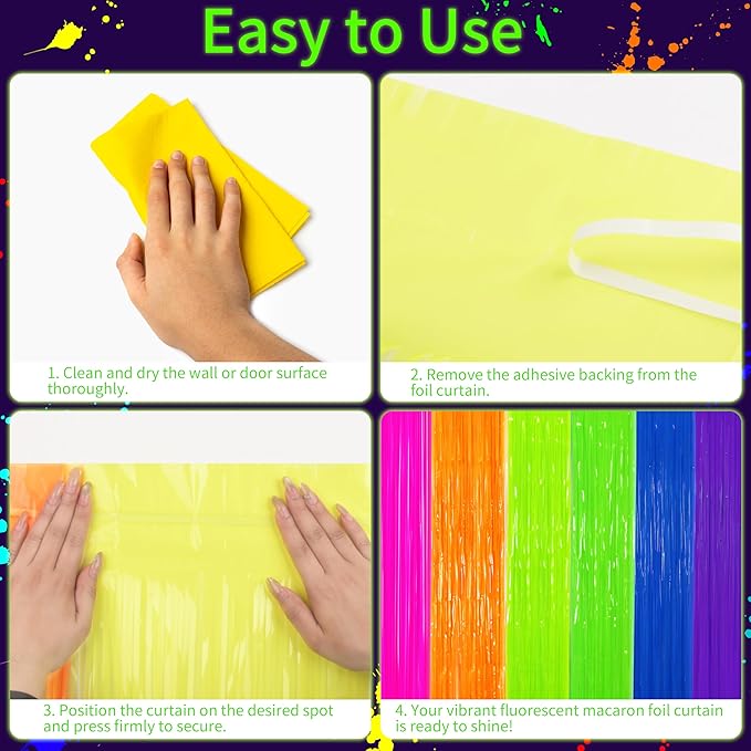 Glow in The Dark Tinsel Curtains 2 Pack - 3.3x6.6ft UV Reactive ‌Fluorescent Party Backdrop for Neon, Birthday, Pride Decorations, Pre-Taped, Lightweight Waterproof
