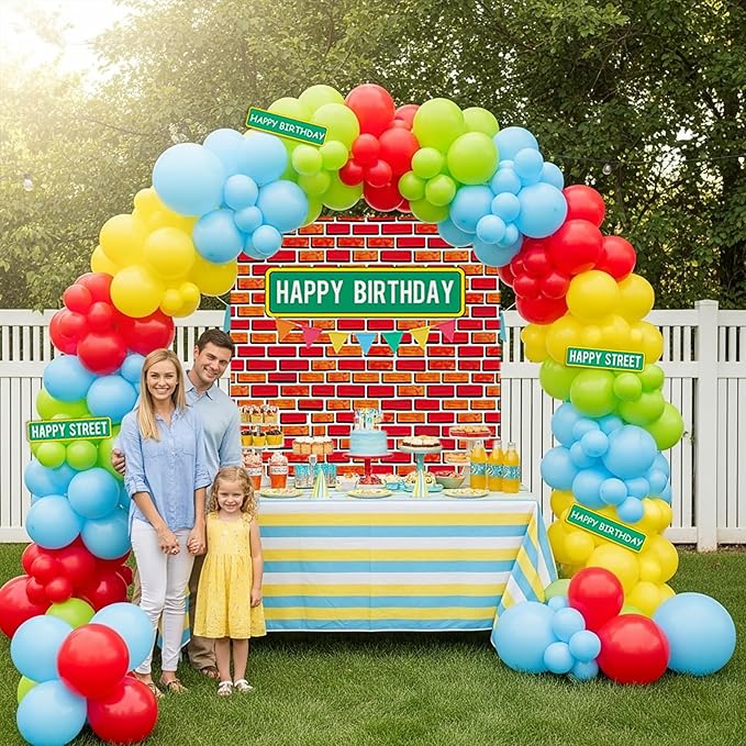 Sesame Friends Birthday Party decorations 140Pcs Cartoon Theme primary color Balloon Garland Kit with red brick wall Backdrop and birthday sticker for Boys Girls Sesame Theme kids Party supplies