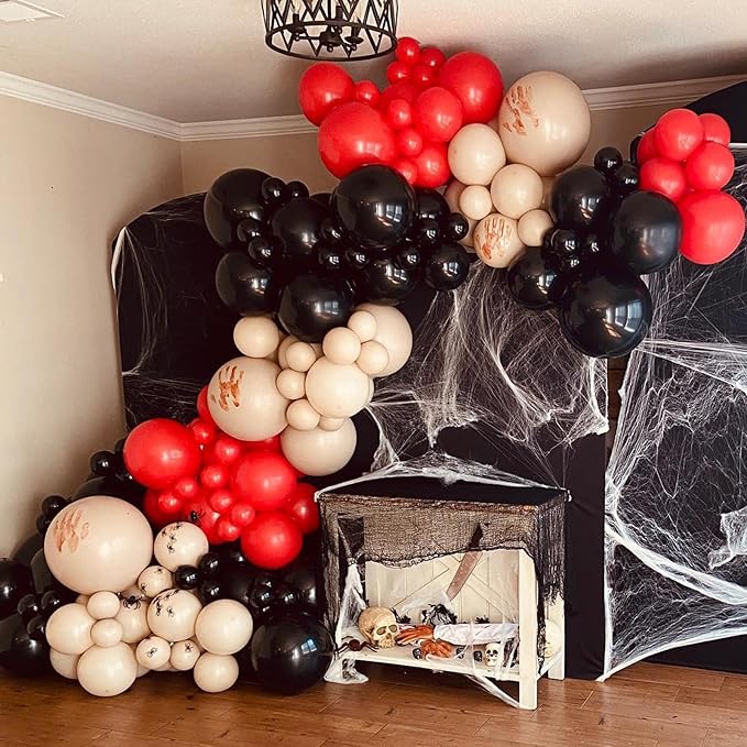 Scary Halloween Balloon Arch Garland Kit, Black Red and Apricot Horror Party Balloons with 3D Spider Decor, Clear Balloon with Blood for Halloween Spooky Zombie Horror Themed Birthday Decorations