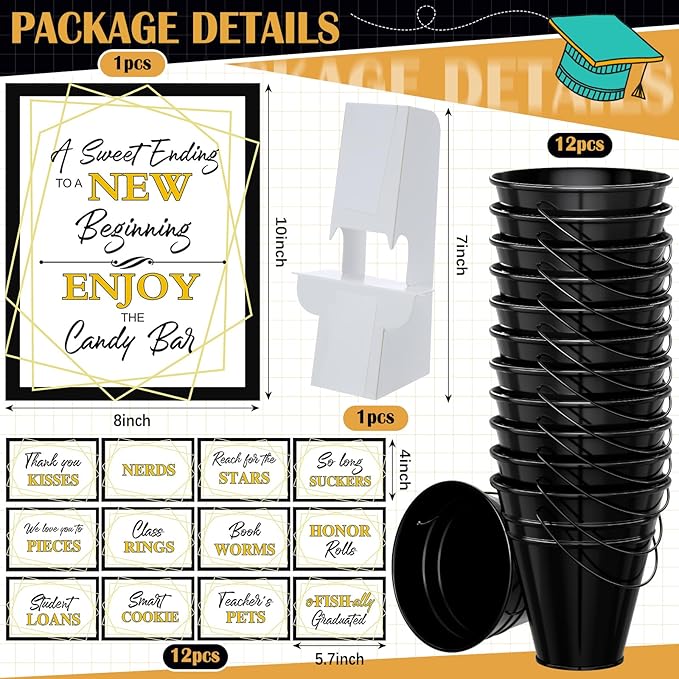 12 Set 2026 Graduation Candy Buffet Party Decoration Graduation Table Candy Bar Snack Labels Signs and 5'' Buckets with Handle for Class of 2026 Party Parties Supplies(Striped Style,Black)