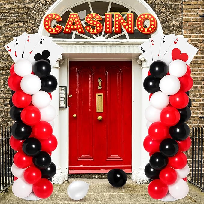 2 Sets Casino Theme Party Decoration Adjustable Poker Themed Balloon Column Stand Kit 8 Pcs Jumbo Poker Cards 129 Pcs Balloon Set for Las Vegas Game Night Birthday Party Supplies(Red Black and White)