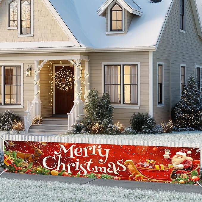 Merry Christmas Decorations Banner Polyester Fabric Santa Sleigh Reindeer Holiday Design Outdoor Porch sign for Indoor Outdoor Garden Fence Party 118x20 Inch Supplies Banners