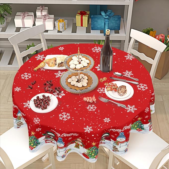 Christmas Tablecloth Round 60 Inch Red Winter Snowman Snowflake Table Cloth Farmhouse Xmas Tree Snow Table Cover for Kitchen Dinner Room Holiday Party Indoor Outdoor Home Christmas Decor