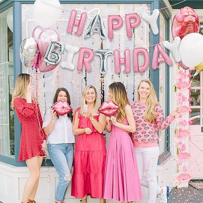 TONIFUL Happy Birthday Balloons Banner 16 Inch Mylar Foil Letters Birthday Sign Reusable for Girls Boys Kids & Adults Birthday Party Decorations Supplies（Pink Silver White）