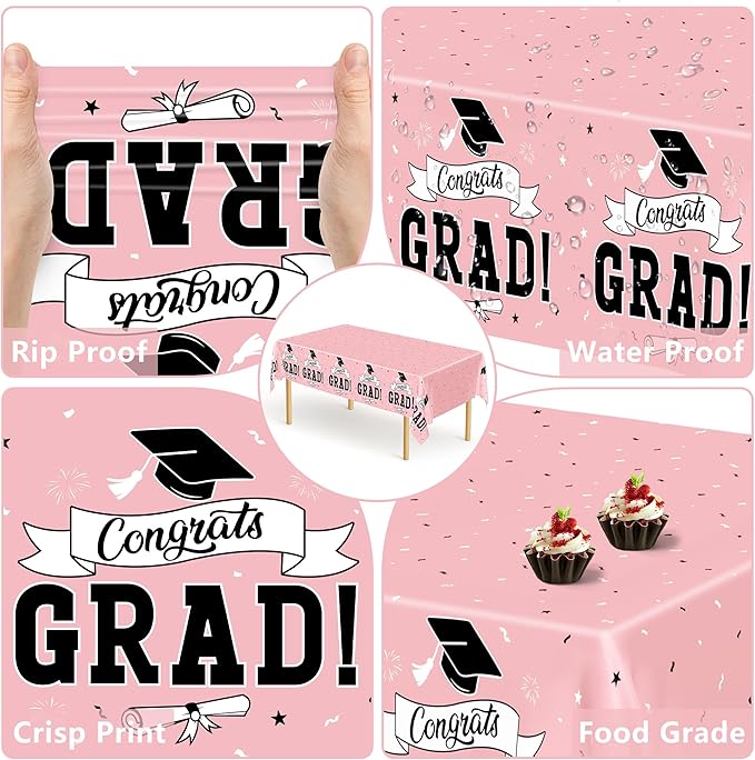 QZYL 2 PCS Graduation Tablecloth, 108" X 54" Pink Graduation Decorations 2026, Disposable Plastic Tablecover for Class of 2026 Congrats Grad, Rectangle Table Cloths for Grad Decor Party Supplies