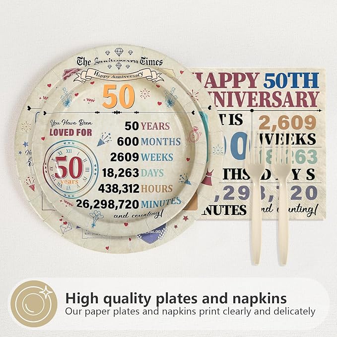 96Pcs 50th Anniversary Party Decorations Retro 50 Years Plates and Napkins 50th Anniversary Disposable Tableware Set for Vintage 50 Year Wedding Company Party Supplies Serves 24