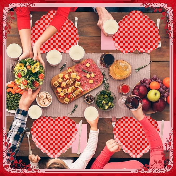 Zhehao 96 Pcs Valentine's Day Party Supplies Set for 24 Guests Red Checked Heart Plates 9 oz Cups Napkins for Valentine Romantic Dinners Wedding Anniversaries Celebrations