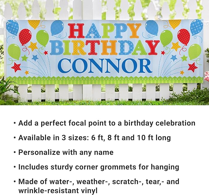 Let's Make Memories Personalized Blue Happy Birthday Banner for Kids - Custom Birthday Party Decorations - Indoor/Outdoor Vinyl - Any Name - Balloons and Stars - 8ft