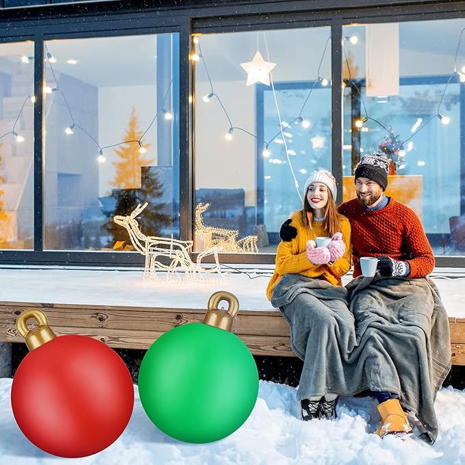 2 Pieces 32 Inch Giant PVC Inflatable Christmas Decorated Ball Ornaments Outdoor Large Xmas Blow Ball Decorations for Christmas Themed Party Ornaments(Solid,Red Green)