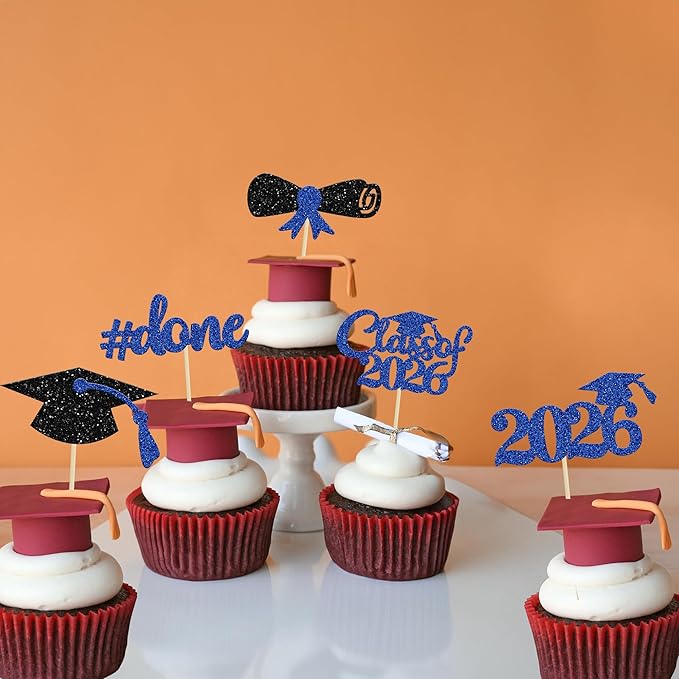 Gyufise 30Pcs Blue Glitter 2026 Graduation Cupcake Toppers Class of 2026 Graduation Done Cupcake Picks Grad Cap Diploma Cake Decorations for 2026 Graduation Theme Party Cake Decorations Supplies