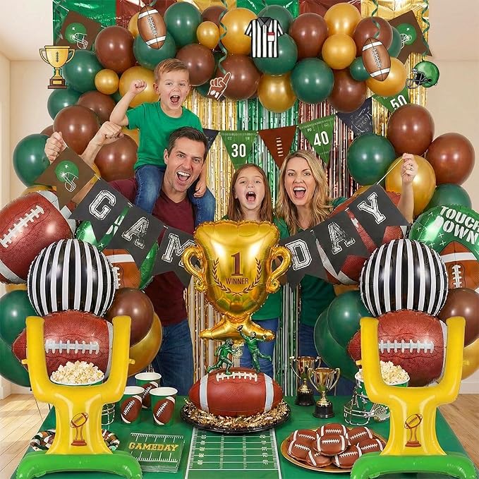 Football Balloons dark green brown Balloons with Banner Hanging Swirl Fringe Curtain Goal Post Football Balloons for Sports Birthday Boys first year touch down party decorations