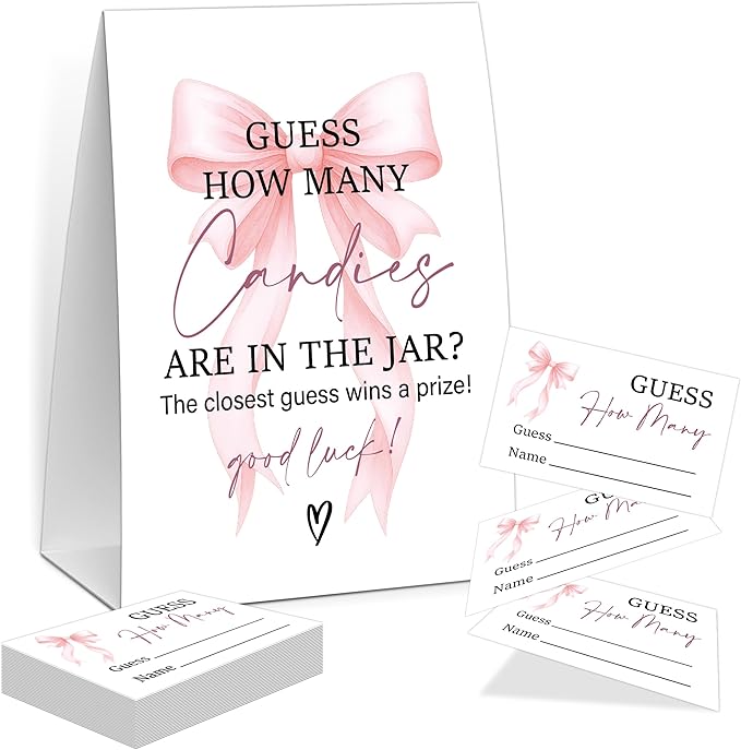 Pink Bow Guess How Many Candies Are In The Jar Game, Baby Shower Game, Include One 5×7 Sign and 50 Guessing Cards, Pink Coquette Bow Gender Reveal Party Decoration Supplies - FE17