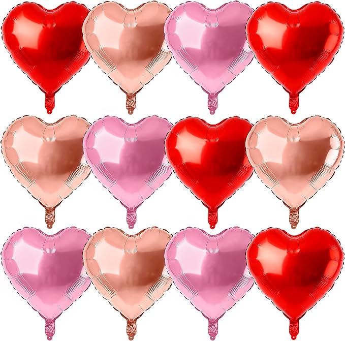 12 Pcs Rose Gold and Red Heart Foil Balloons for Valentines Day Decorations,18 Inch Romantic Love Valentine Heart Balloons for Valentines Day Wedding Marriage Birthday Bridal Shower Party Decorations