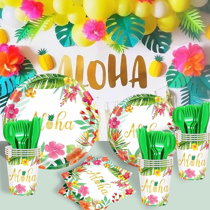Hawaiian Luau Party Decorations Supplies - 350 PCS Aloha Tropical Birthday Party Decorations Disposable Dinnerware Set (50 Guest) With Paper Plates Napkin Cup for Summer Beach Themed Pool