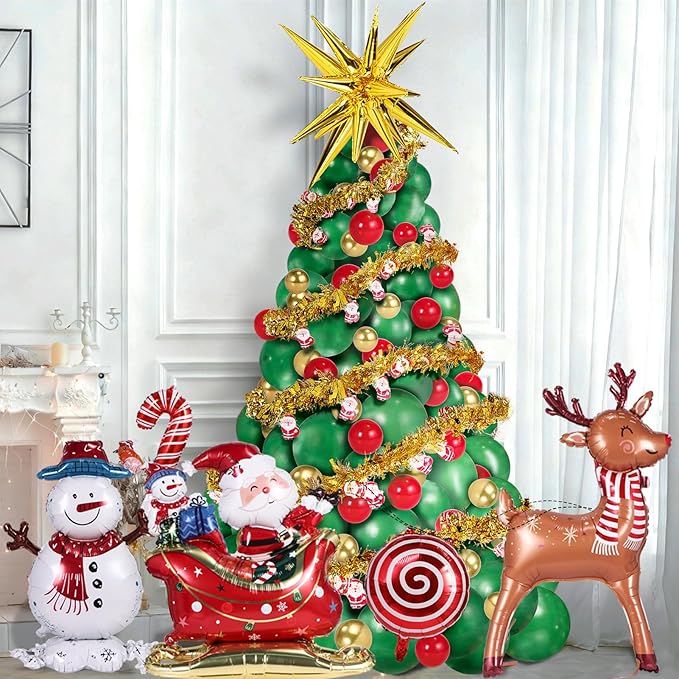 193 PCS Christmas Balloon Garland Arch Kit, Christmas Tree Balloons, Christmas Tree Snowman, Deer, Sled Aluminum Foil Balloons Santa Claus Hanging Decoration for Christmas Party