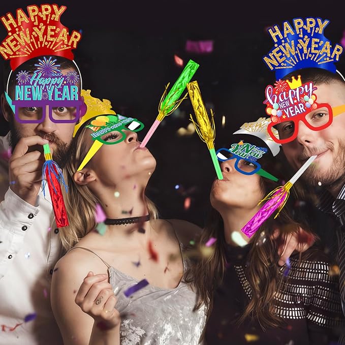 Openfly 24Pcs New Years Eve Party Supplies 2026 Happy New Years Party Headband Hats New Year Glasses New Year Noise Makers