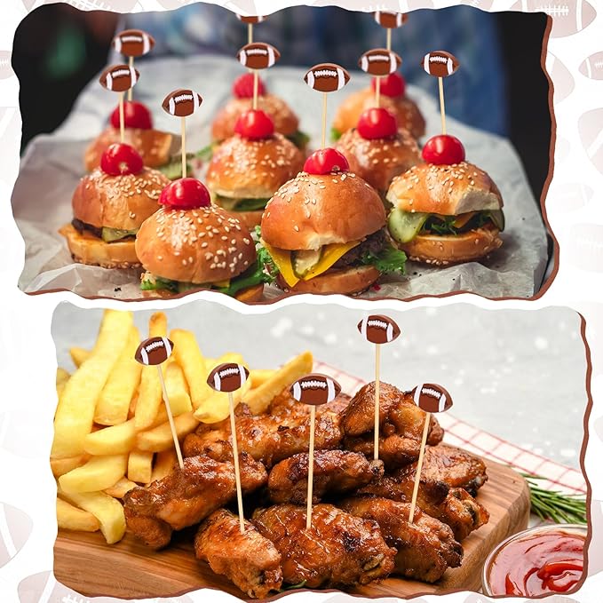 100 Pcs Football Toothpicks, 4.72 Inch Football Cocktail Picks for Appetizers, Long Bamboo Toothpicks, Decorative Toothpicks Skewers for Holiday Birthday Party Decorations (Football)