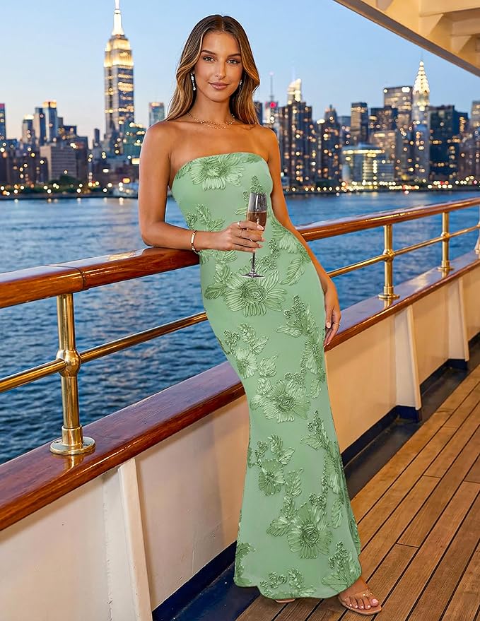 MEROKEETY Women's Floral Strapless Maxi Dress 2026 Summer Mesh Tube Bodycon Formal Wedding Guest Cocktail Party Long Dresses