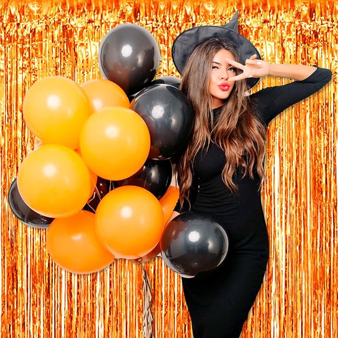 6 Pack Orange Foil Fringe Curtains Backdrop, 3.28 x 8.2 Ft Metallic Streamers Tinsel Curtains Background for Photo Booth, Birthday, Christmas, Halloween, Thanksgiving, New Year Party Decorations