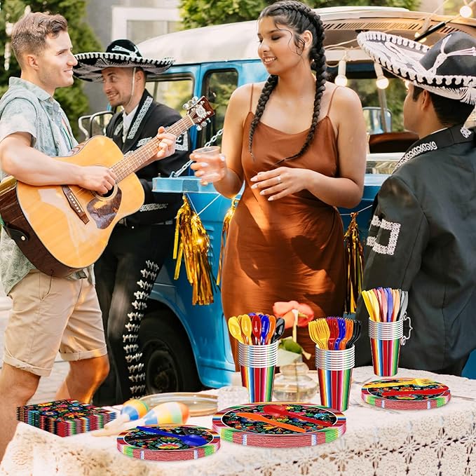 175 Pcs Fiesta Tableware Set – Serves 25, Mexican Party Supplies Disposable Plates, Cups, Napkins, Forks, Spoons, Knives with Floral and Serape Stripe Design for Cinco de Mayo, Birthday Celebrations