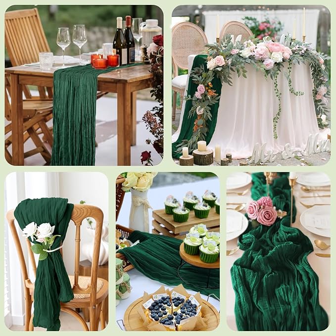 Wokceer Cheesecloth Table Runner 6Pack 10FT Emerald Green Christmas Gauze Cheese Cloth Table Runner for Party Long Rustic Sheer Table Runners for Baby Bridal Shower Wedding Easter Table Decor