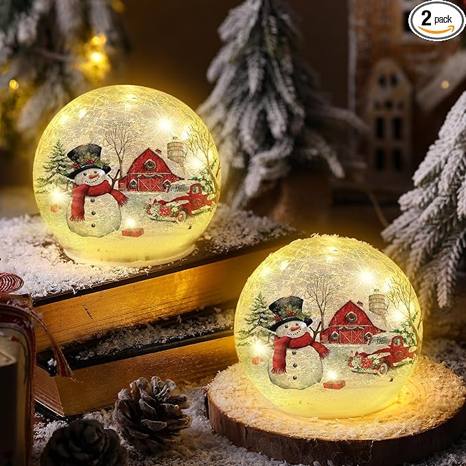 2 Pcs Christmas Decorations Indoor Snowman Crackle Glass Globe 4" Ball Lamp Night Lights with LED Timer Battery Operated Lighted Christmas Table Decorations for Home Centerpiece Party Gift