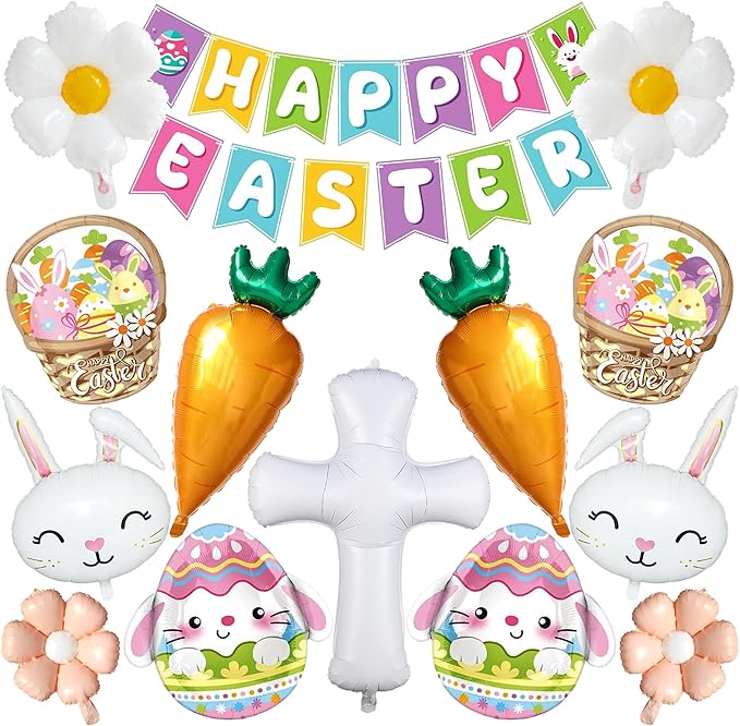 Easter Party Decorations, 16Pcs Happy Easter Banner and Large Easter Foil Balloons Decorations Set, Includes Bunny, Egg, Carrot, Daisy and Crucifix Mylar Balloons for Spring Party Holiday Celebrations