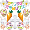 Easter Party Decorations, 16Pcs Happy Easter Banner and Large Easter Foil Balloons Decorations Set, Includes Bunny, Egg, Carrot, Daisy and Crucifix Mylar Balloons for Spring Party Holiday Celebrations