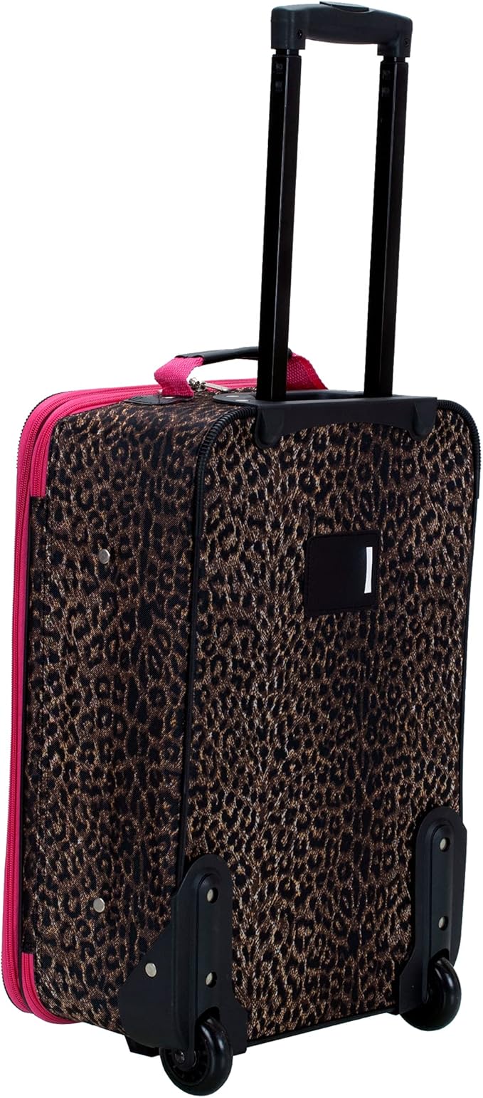 Rockland Fashion Softside 4 Piece Luggage Set, Expandable, (14" Tote/19"/24"/28"), Pink Leopard