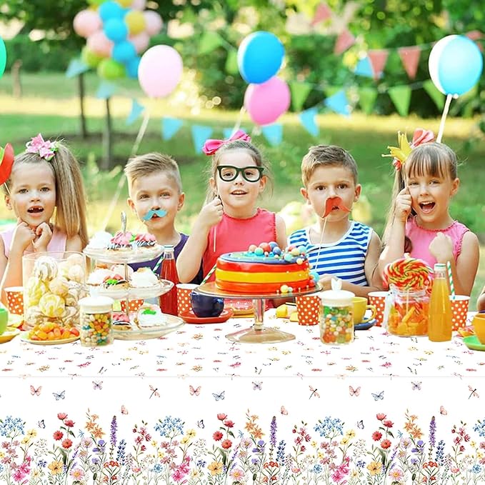 1 Pc Wildflower Tablecloth Spring Summer Floral Table Cover for Butterfly Wildflowers Theme Picnic Dining Holiday Weeding Baby Shower Birthday Tea Party Table Supplies Decorations