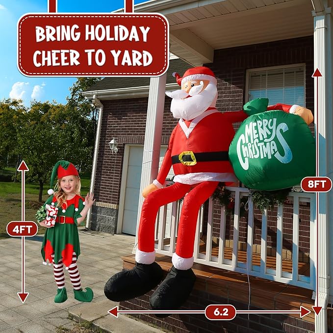 JOYHALO 8FT Christmas Inflatable Sitting Santa Claus Outdoor, Santa Blow Up Yard Decorations with Gift Bag, with Bright LED Lights, Climbing Santa for Roof Indoor Lawn Party Decor