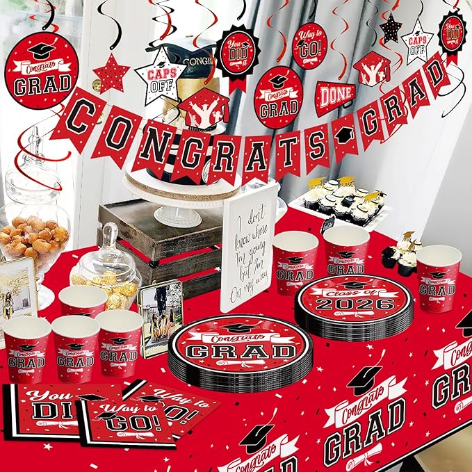 DAZONGE Graduation Decorations 2026 Red and Black, 265pcs Disposable Tableware Kit for 50 Guests, Plates, Napkins, Cups, Tablecloth and Hanging 2026 Graduation Party Decorations
