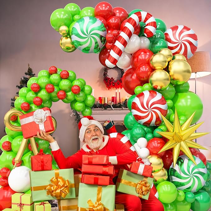 Christmas Balloon Arch Garland Kit, 141Pcs Red and Green White Xmas Balloon with Candy Cane Gold Explosion Star Foil Balloons for Merry Christmas Holiday Woodland Winter New Year Party Decorations