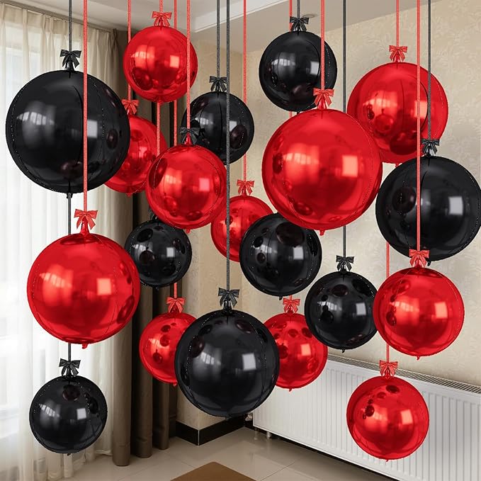 Togvu Black Red Round Foil Balloons, 16PCS Different Sizes 4D Metallic Balloon Large Sphere Mirror Ball Balloons for Prom Graduation New Year Halloween Birthday Party Ceiling Decorations Supplies