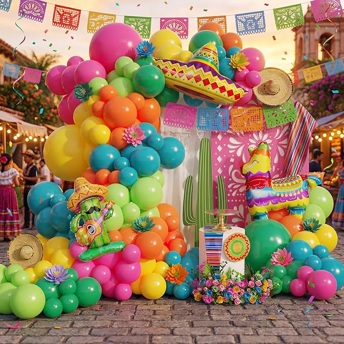 Mexican Fiesta Balloon Arch Kit,Cinco De Mayo Fiesta Party Decorations,Giant Llama Cactus Foil Balloons Rainbow Balloon Arch Kit for Mexican Carnival Birthday Party Decoration Tropical Decor