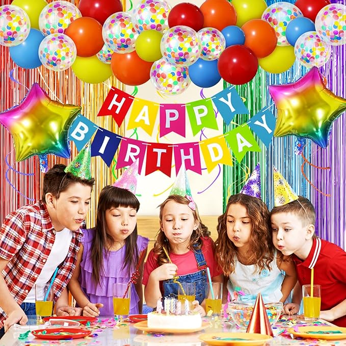 Multicolored Rainbow Birthday Party Decorations Pack with Banner, Balloons, Confetti, Fringe Curtain, Heart Star Foil Balloons, Hanging Swirls