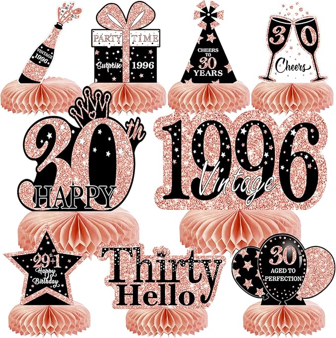 9Pcs 30th Birthday Decorations Honeycomb Centerpieces for Women, Rose Gold Pink Happy 30th Birthday Centerpieces Tables Toppers Party Decorations Supplies, Vintage 1996 Aged Table Sign Decor